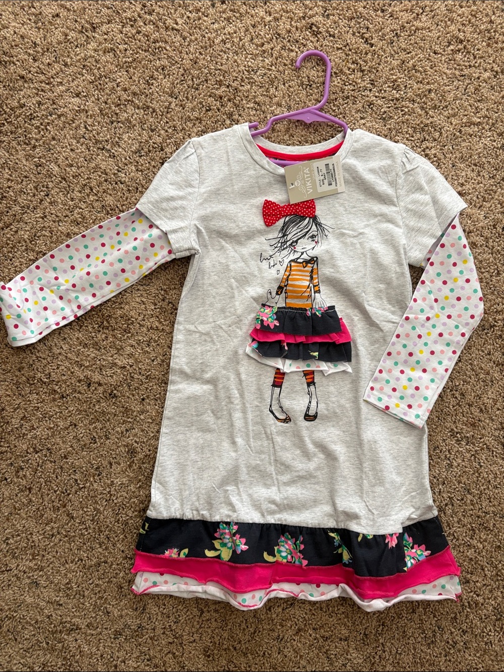 Girls Grey Layered Ruffle Dress with Pink and Polka Dot Sleeves